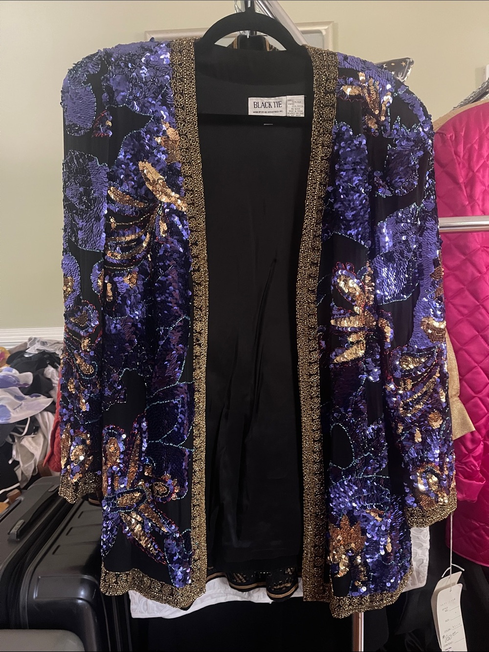 Oleg Cassini Black Jacket with Purple & Gold Sequin Floral Embellishment